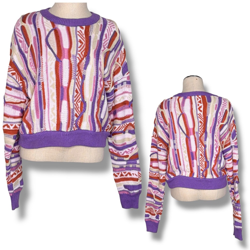 Forever 21 Sweater Sz S Purple 3D Knit‎ Textured Coogi Style Cropped Pullover